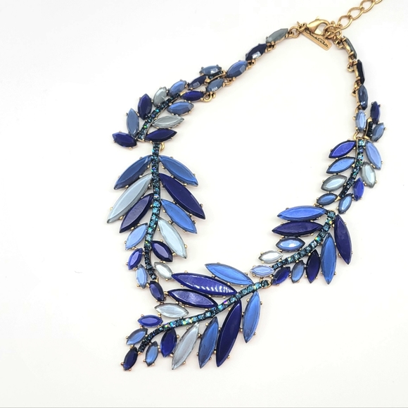 Oscar de la Renta Blue Swarovski Crystal + Glass Leaf Statement Necklace Gold - Picture 4 of 14